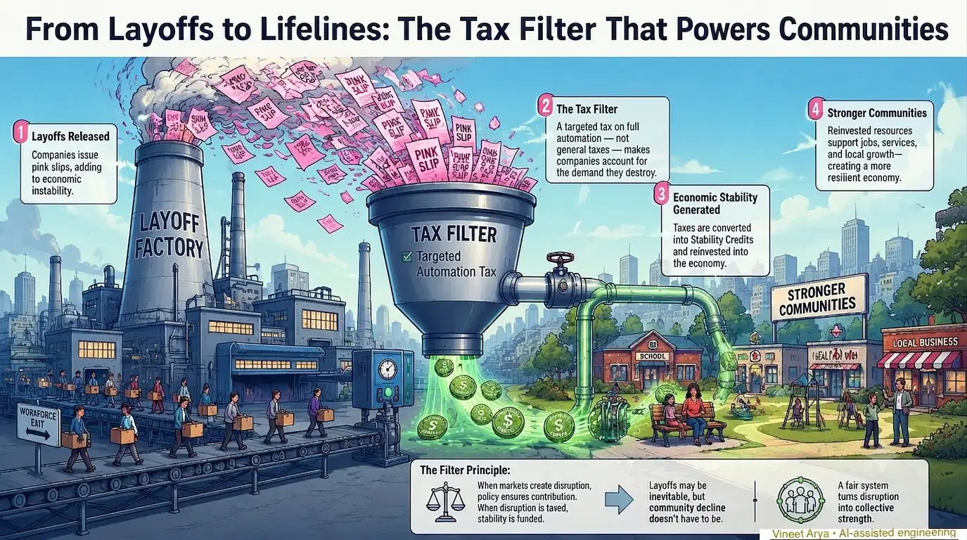Diagram of a factory feeding pink slips into a large funnel labeled tax filter, which pours coins toward a sunny neighborhood of shops, a school, and families.