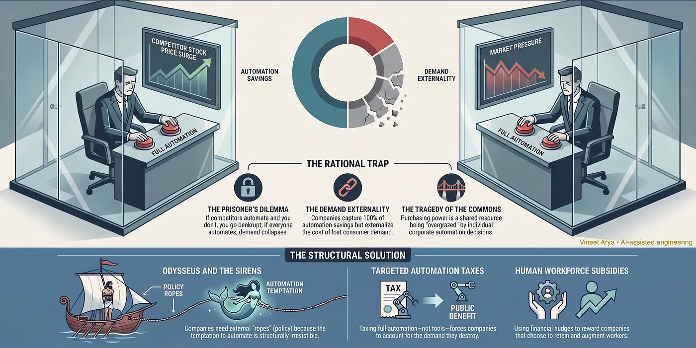 Infographic showing two executives in separate glass booths, each with a hand over a red button marked full automation, with three policy remedies illustrated beneath them.