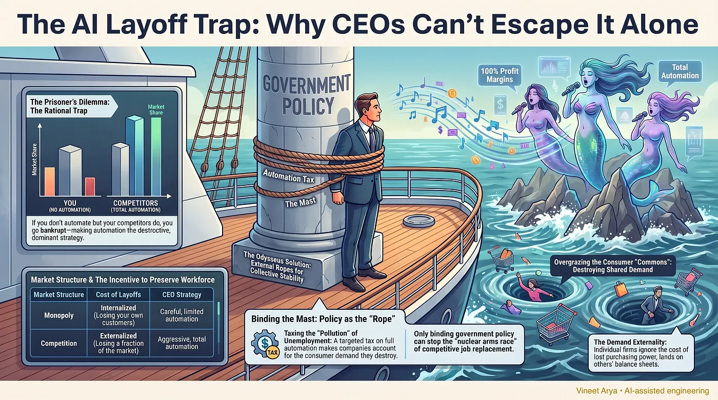 Illustration of a CEO tied to a ship's mast labeled government policy, looking out at sirens on the water while consumers are pulled into a whirlpool below.