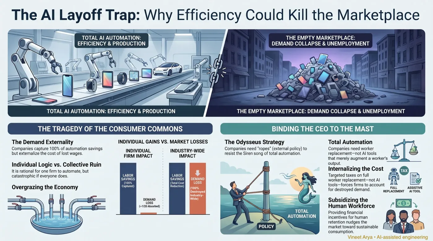 Infographic contrasting a fully automated factory floor with an empty, run-down marketplace, above bar charts comparing one firm's savings to the industry's lost demand.