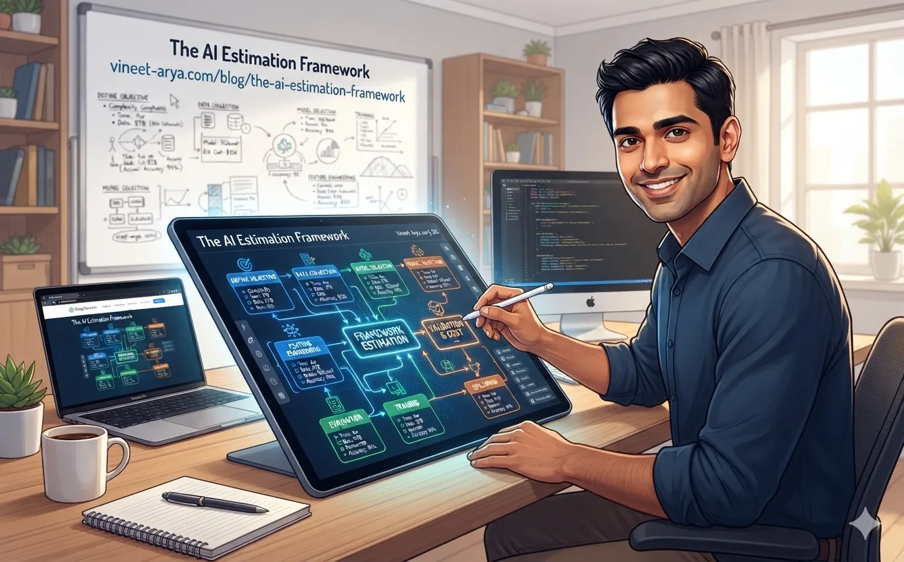 Engineering leader using a digital tablet to plan a project timeline with data charts. The screen displays 'The AI Estimation Framework'. Background includes a laptop, monitor, and a whiteboard with project roadmaps and efficiency graphs in a bright, modern office.